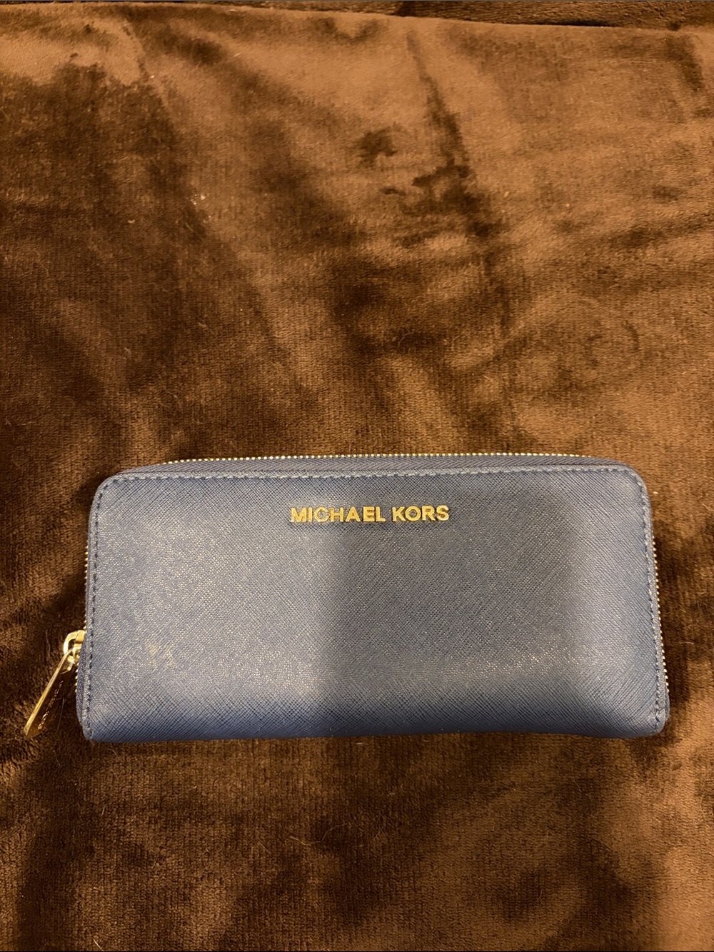 Michael Kors Navy Saffiano Zip Wallet with Gold Logo